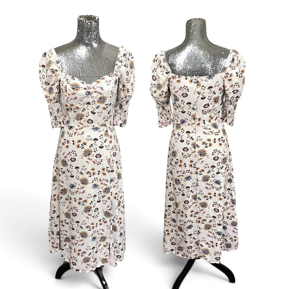 Audrey Parks Francesca's Floral Puff Sleeve Dress Milkmaid Linen Blend Medium